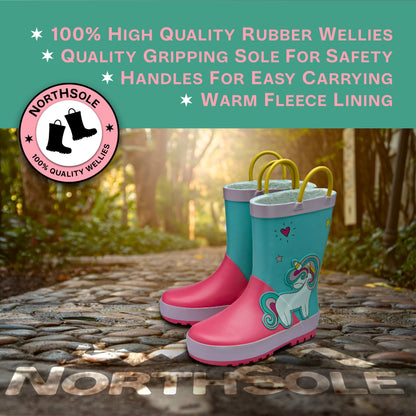 NorthSole Kids Wellies Boys & Girls Childrens Rubber Wellington Boots With Easy Pull On Handles Fleece Lined - My Little Legends