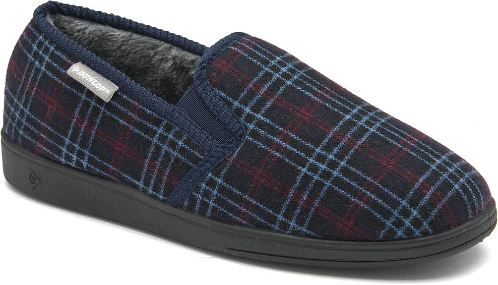 Dunlop Mens Twin Gusset Full Back Comfy Fur Lined Memory Foam House Slippers with Outdoor Soles - My Little Legends