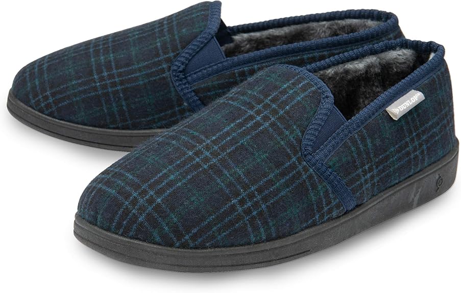 Dunlop Mens Twin Gusset Full Back Comfy Fur Lined Memory Foam House Slippers with Outdoor Soles - My Little Legends