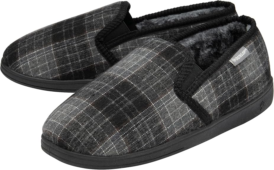 Dunlop Mens Twin Gusset Full Back Comfy Fur Lined Memory Foam House Slippers with Outdoor Soles - My Little Legends