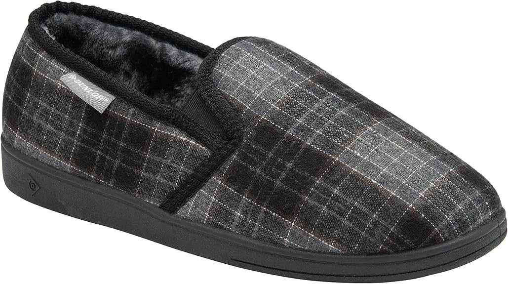 Dunlop Mens Twin Gusset Full Back Comfy Fur Lined Memory Foam House Slippers with Outdoor Soles - My Little Legends
