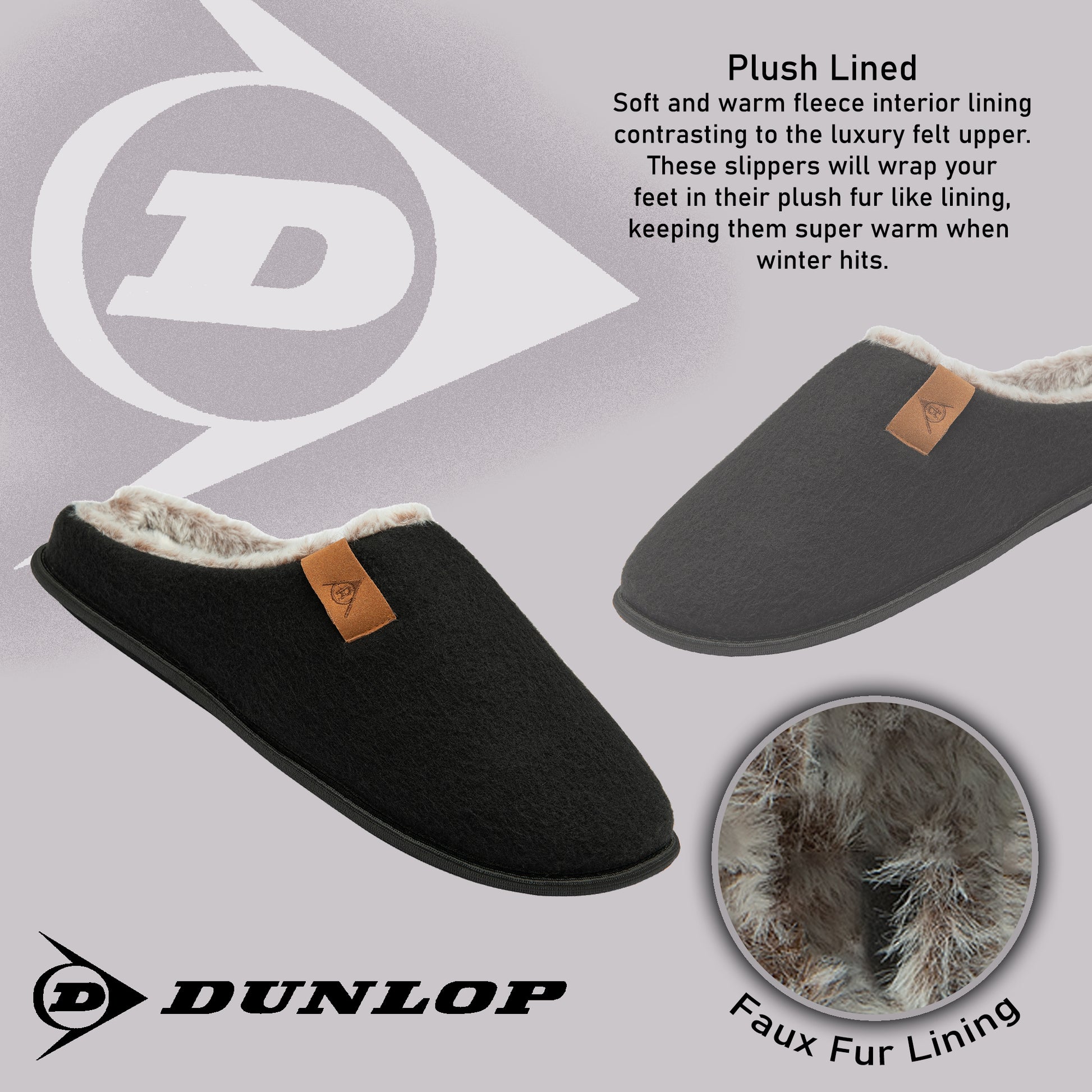 Dunlop Mens Slippers Slip On Felt Mule Comfy House Shoes Faux Fur Lined Memory Foam Sizes 7-12 - My Little Legends
