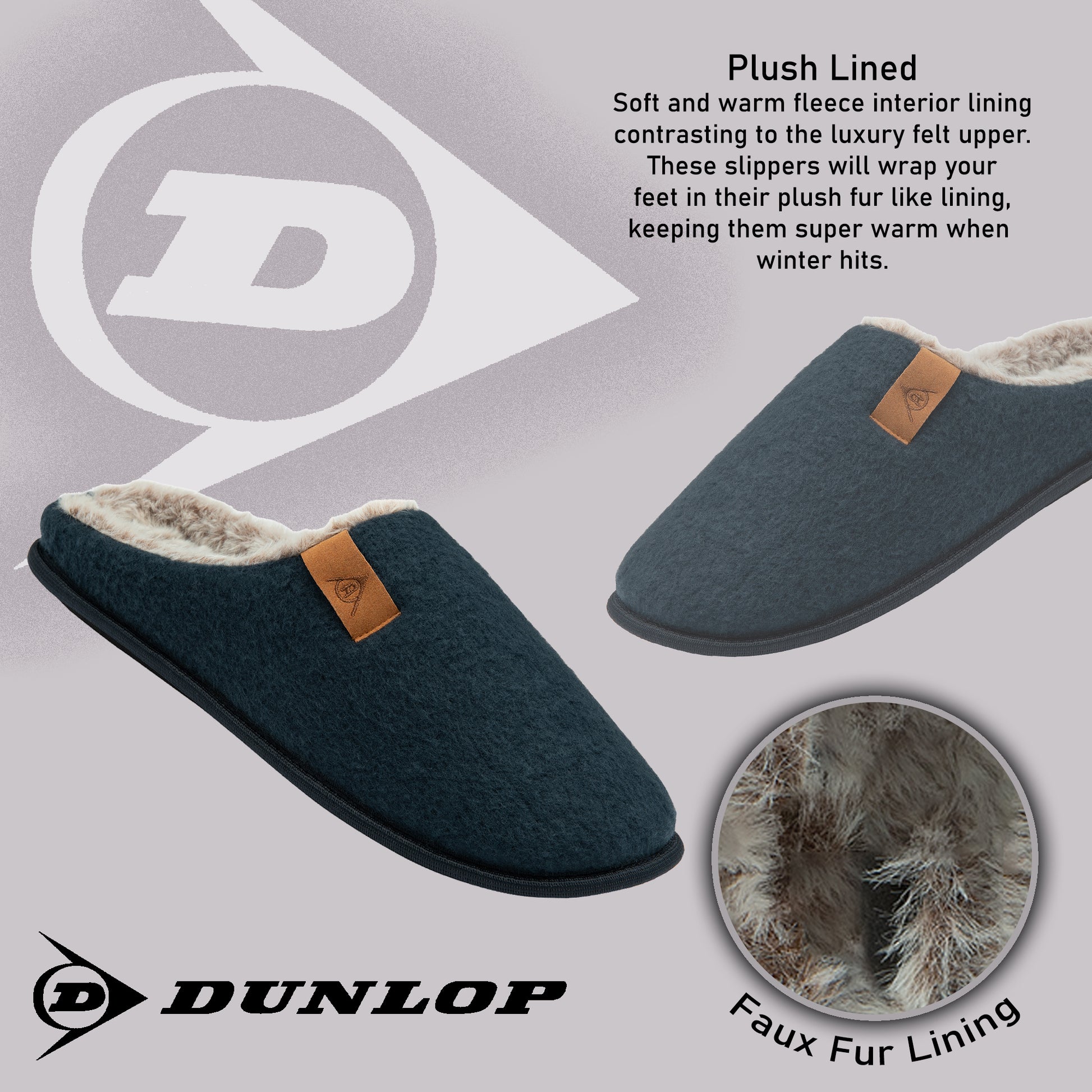 Dunlop Mens Slippers Slip On Felt Mule Comfy House Shoes Faux Fur Lined Memory Foam Sizes 7-12 - My Little Legends