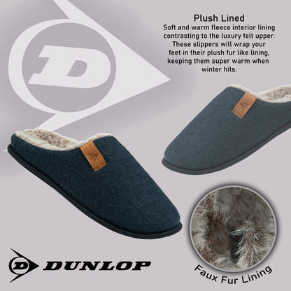 Dunlop Mens Slippers Slip On Felt Mule Comfy House Shoes Faux Fur Lined Memory Foam Sizes 7-12 - My Little Legends