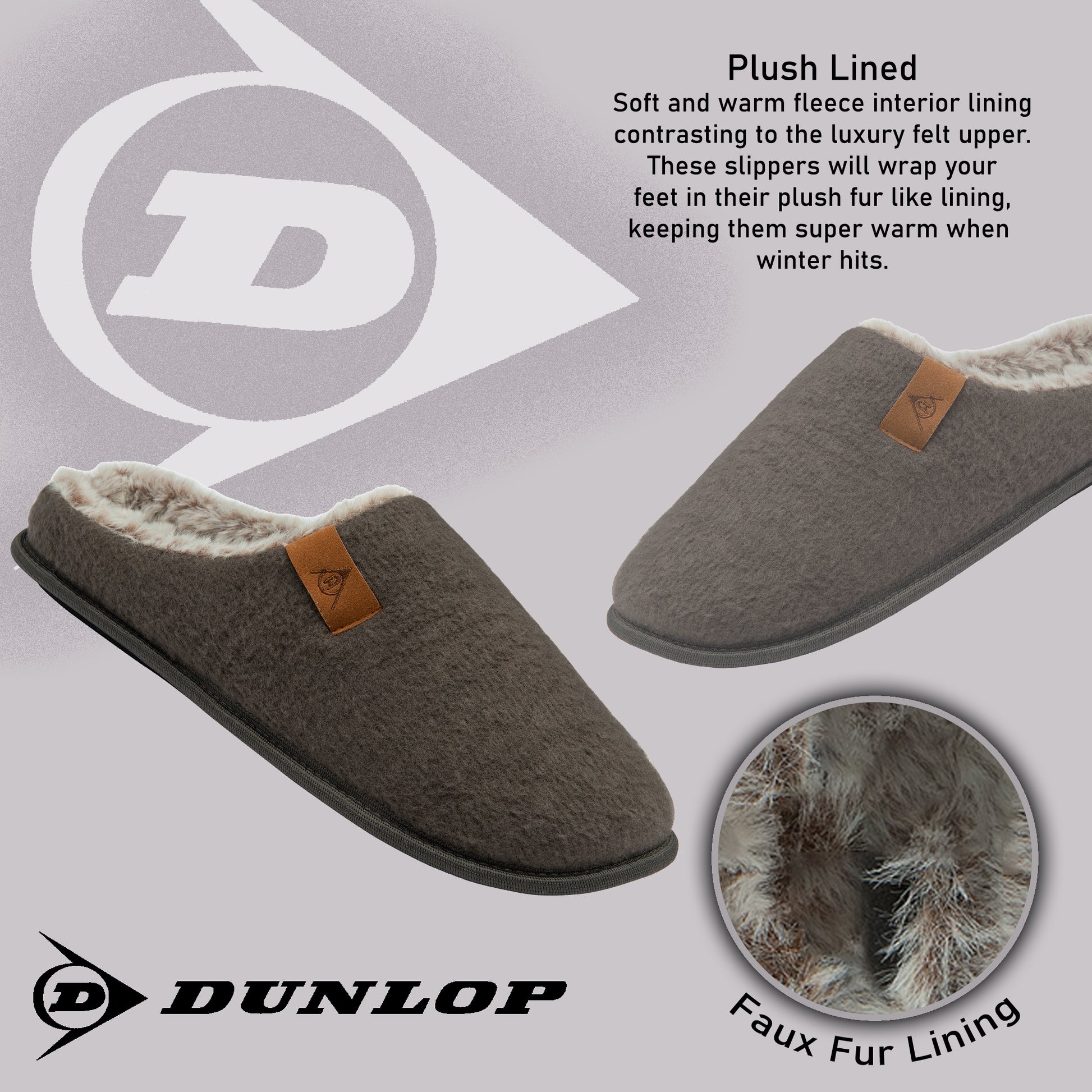 Dunlop Mens Slippers Slip On Felt Mule Comfy House Shoes Faux Fur Lined Memory Foam Sizes 7-12 - My Little Legends