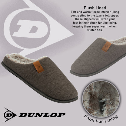 Dunlop Mens Slippers Slip On Felt Mule Comfy House Shoes Faux Fur Lined Memory Foam Sizes 7-12 - My Little Legends
