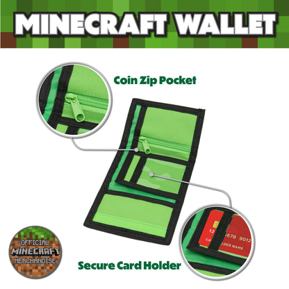 Minecraft Boys Wallet for Kids with Card Slots & Zip Coin Pocket Creeper Gamer Accessories Gaming Gift - My Little Legends