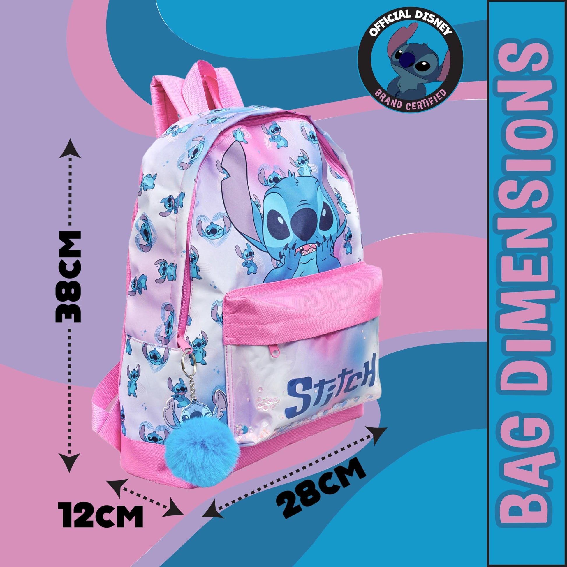 Disney Stitch Girls Backpack Kids Pom Pom Keyring Glitter Pocket School Bag Childrens Rucksack - My Little Legends