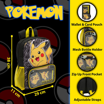 Pokemon Backpack Kids School Bag Boys Girls Teens Rucksack Pikachu Pokeball Includes Wallet & Card Pouch - My Little Legends