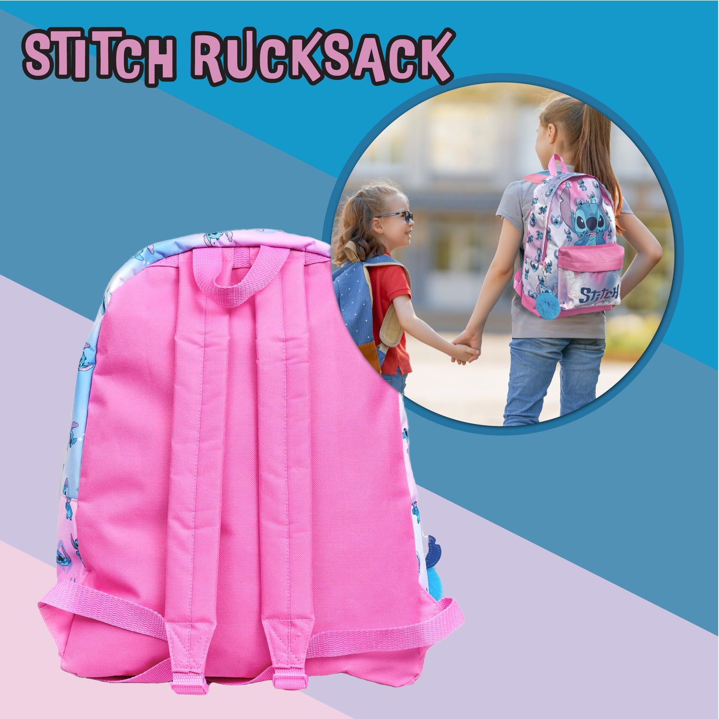 Disney Stitch Girls Backpack Kids Pom Pom Keyring Glitter Pocket School Bag Childrens Rucksack - My Little Legends