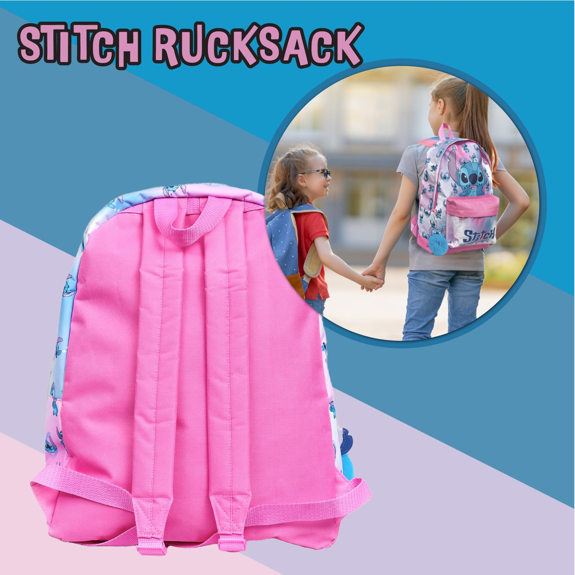 Disney Stitch Girls Backpack Kids Pom Pom Keyring Glitter Pocket School Bag Childrens Rucksack - My Little Legends