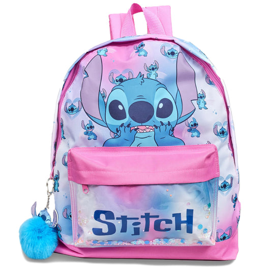 Disney Stitch Girls Backpack Kids Pom Pom Keyring Glitter Pocket School Bag Childrens Rucksack - My Little Legends
