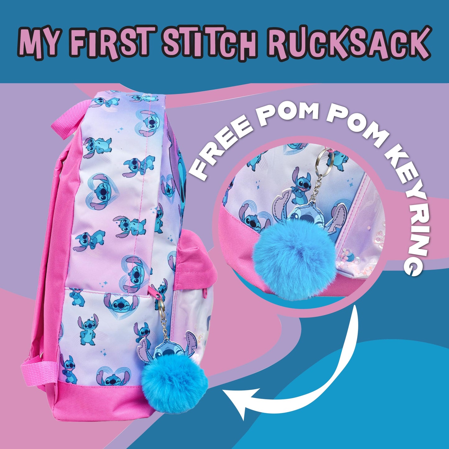 Disney Stitch Girls Backpack Kids Pom Pom Keyring Glitter Pocket School Bag Childrens Rucksack - My Little Legends