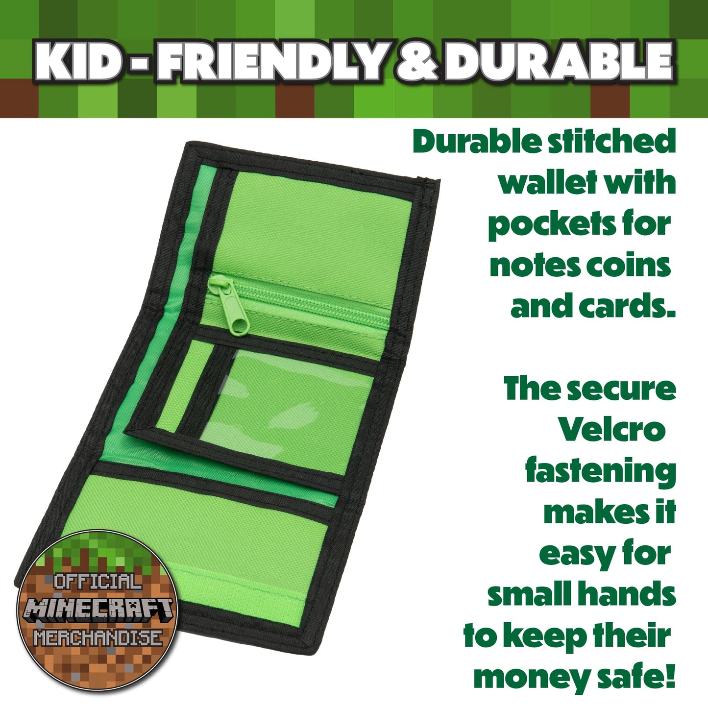 Minecraft Boys Wallet for Kids with Card Slots & Zip Coin Pocket Creeper Gamer Accessories Gaming Gift - My Little Legends