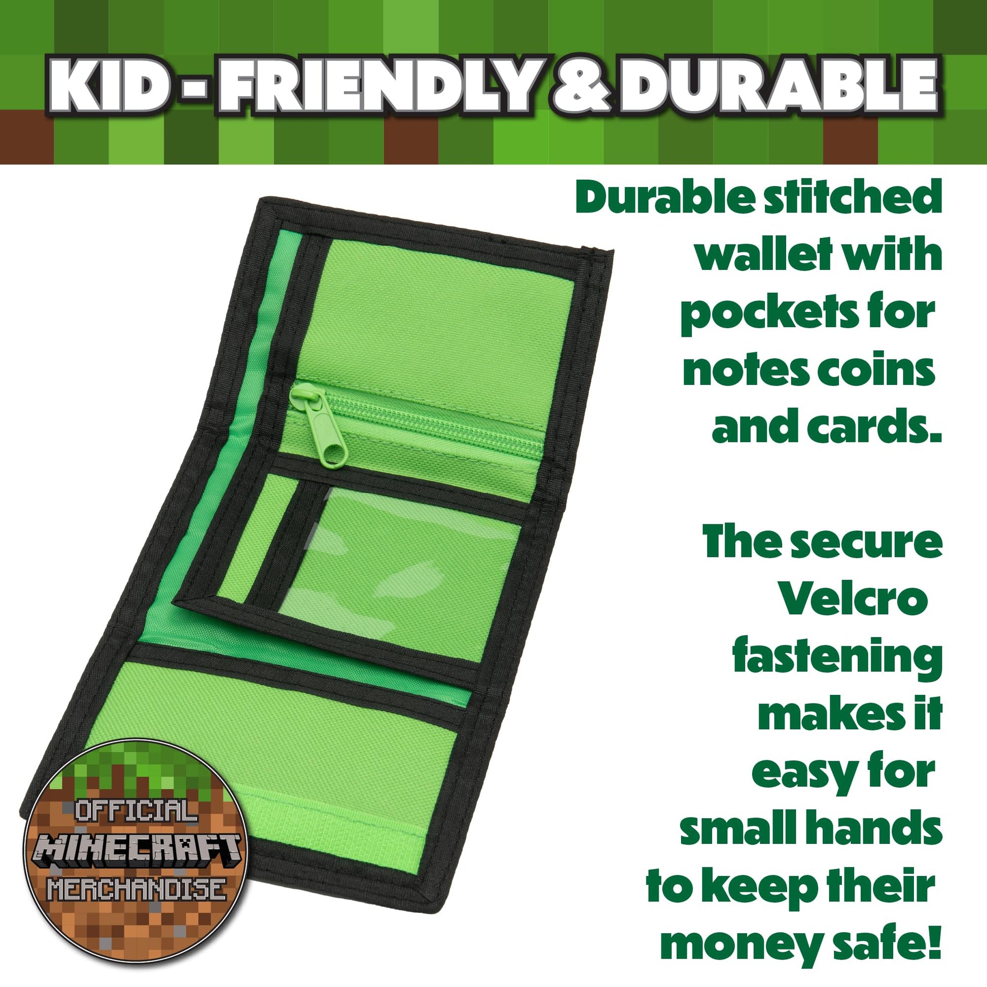 Minecraft Boys Wallet for Kids with Card Slots & Zip Coin Pocket Creeper Gamer Accessories Gaming Gift - My Little Legends