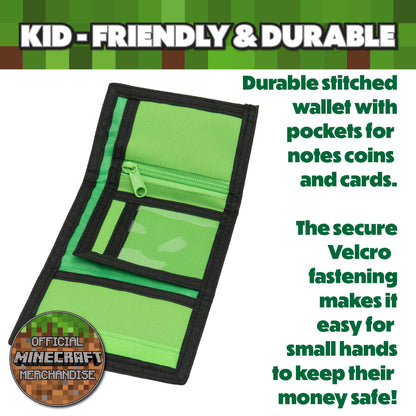 Minecraft Boys Wallet for Kids with Card Slots & Zip Coin Pocket Creeper Gamer Accessories Gaming Gift - My Little Legends