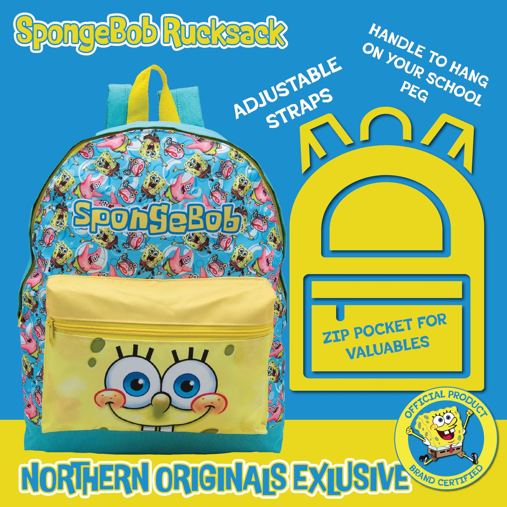 SPONGEBOB SQUAREPANTS Childrens Backpack Kids School Bag Travel Sports PE Rucksack - My Little Legends