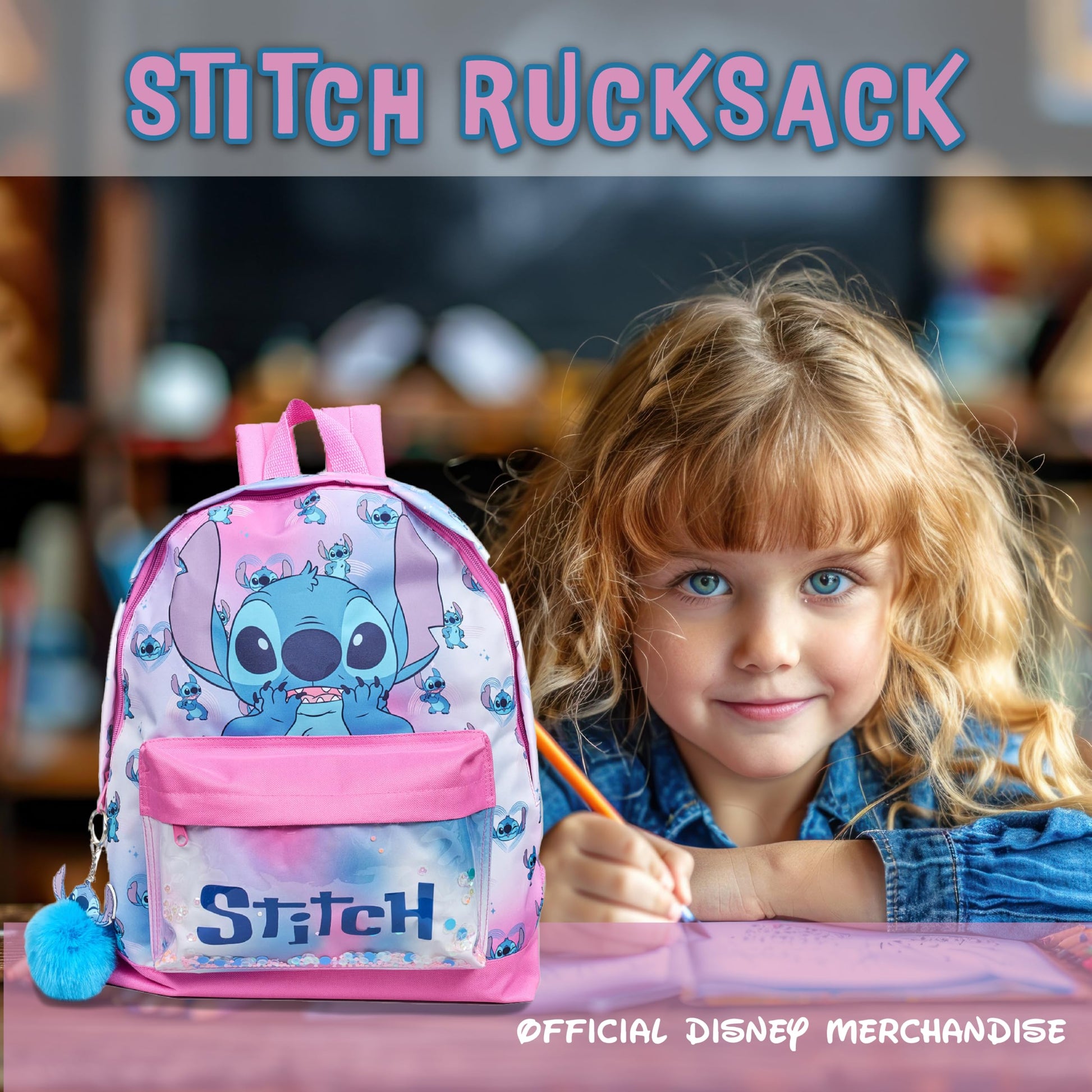 Disney Stitch Girls Backpack Kids Pom Pom Keyring Glitter Pocket School Bag Childrens Rucksack - My Little Legends