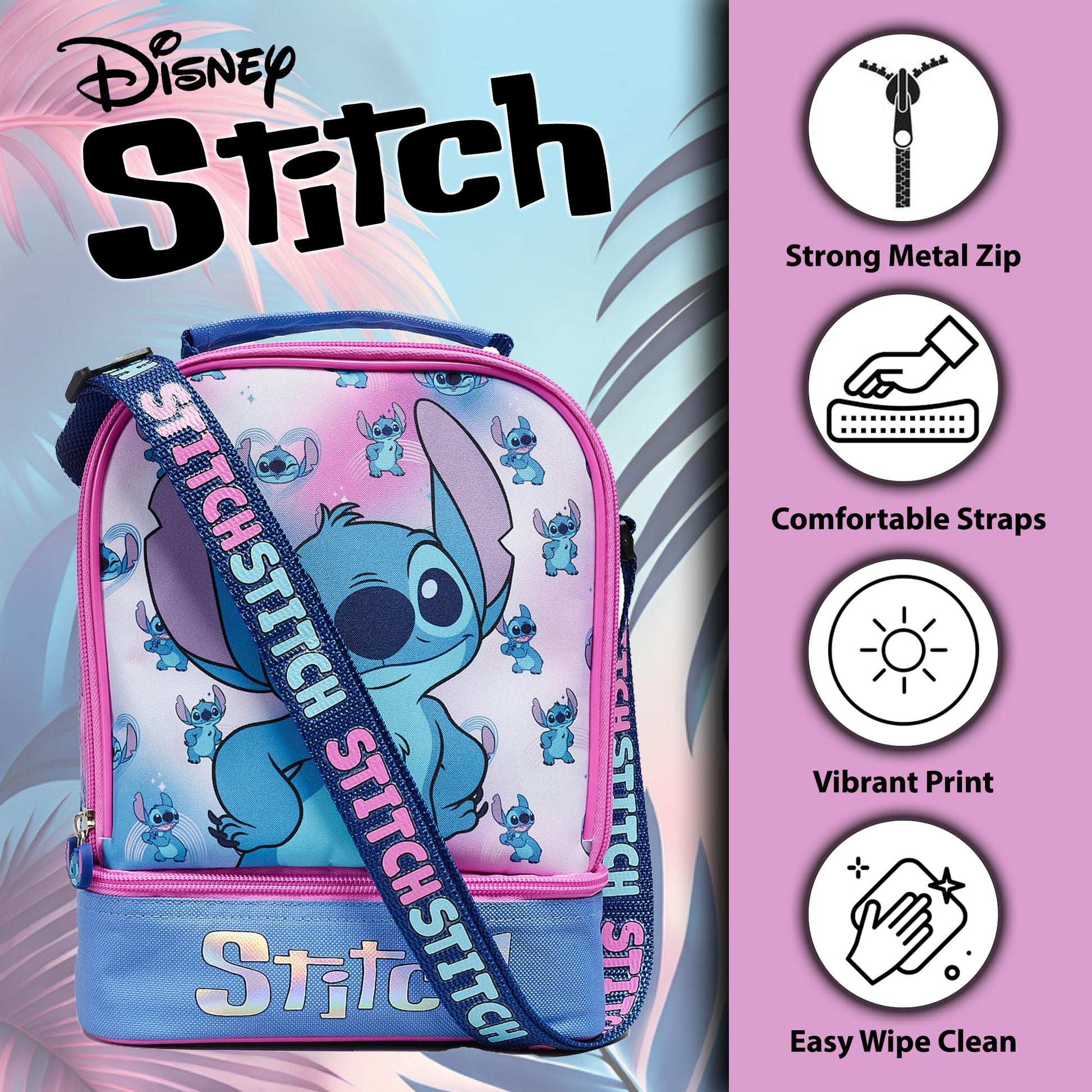 Disney Stitch Kids Lunch Bag with Insulated Lining Multi Compartment Portable Lunch Cooler Over Shoulder Bag - My Little Legends