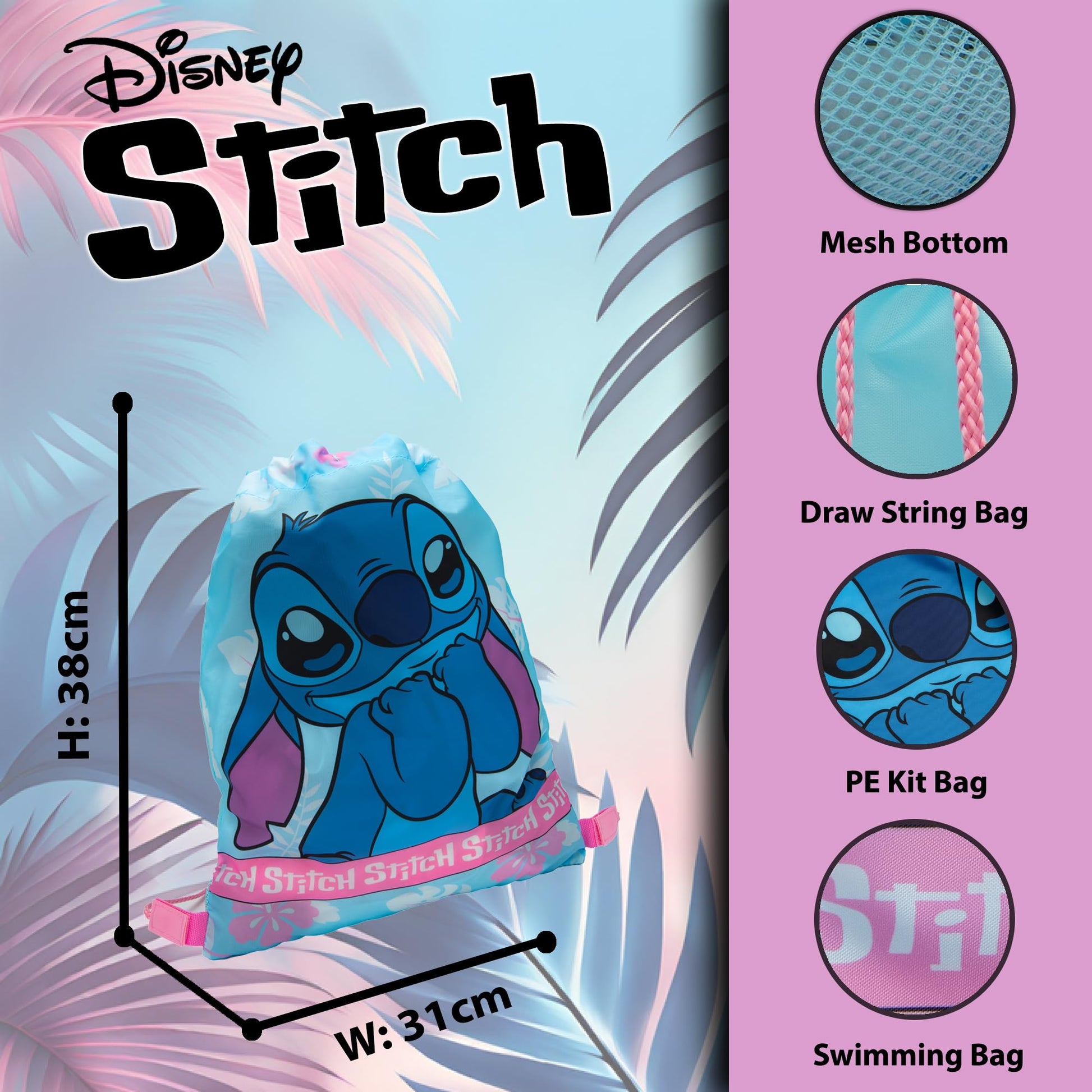 Disney Lilo & Stitch Drawstring Bag Kids PE Kit Gym Swim Bag Girls School Trainer School Backpack - My Little Legends