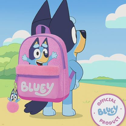 Bluey Kids Backpack Preschool Childrens Bag Girls Nursery Rucksack With Embroidered Fluffy Front Pocket & Pom Pom Keyring